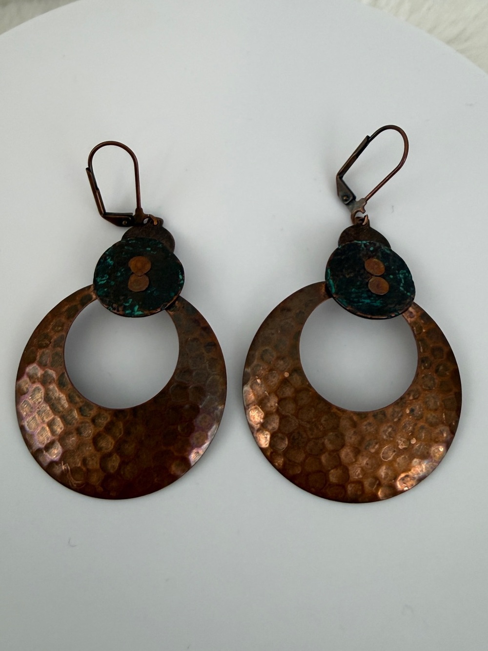 Hammered Copper Hoop Earrings with Patina Accents